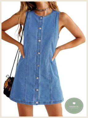 Womens Sleeveless Mini Denim Dress Button Down A-Line Jean Summer Casual
